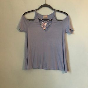 Lace Up Blue T-Shirt With Shoulder Cut Outs